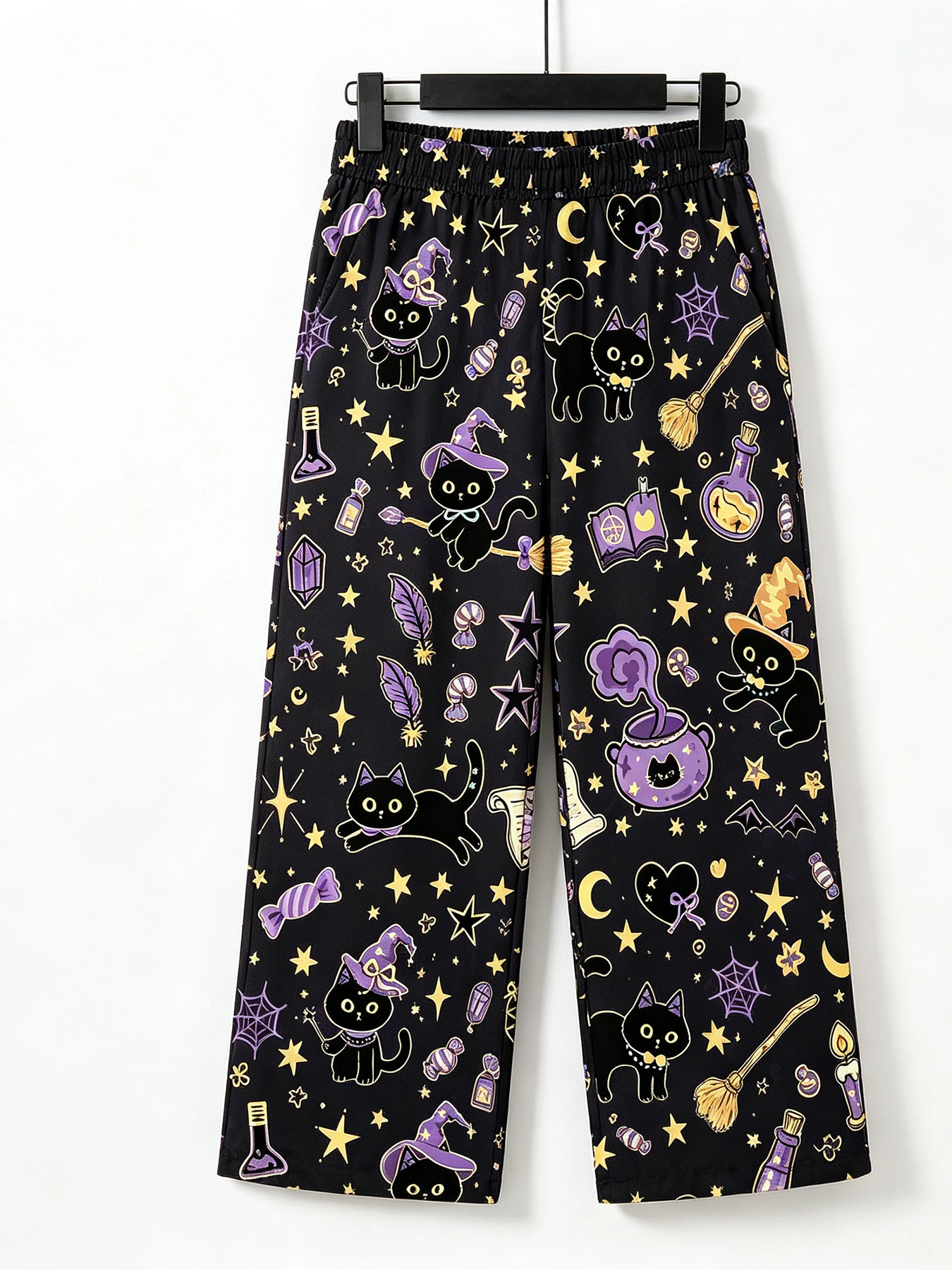 Halloween Magic Black Cat Printed Wide Leg Pants with Star Moon Witch Pattern Drawstring Elastic Waist Casual Pants