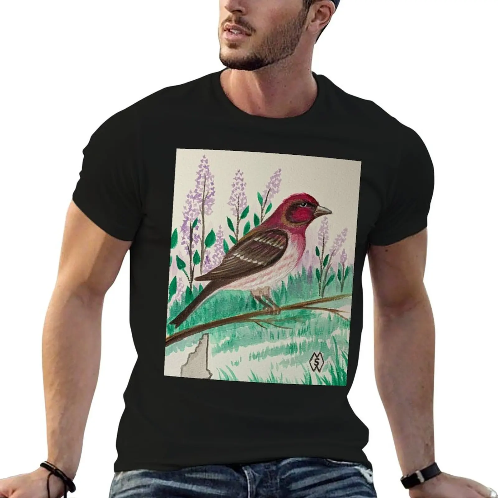 New Hampshire state bird and flower, the purple finch and purple lilac T-Shirt quick drying anime figures Short sleeve tee men