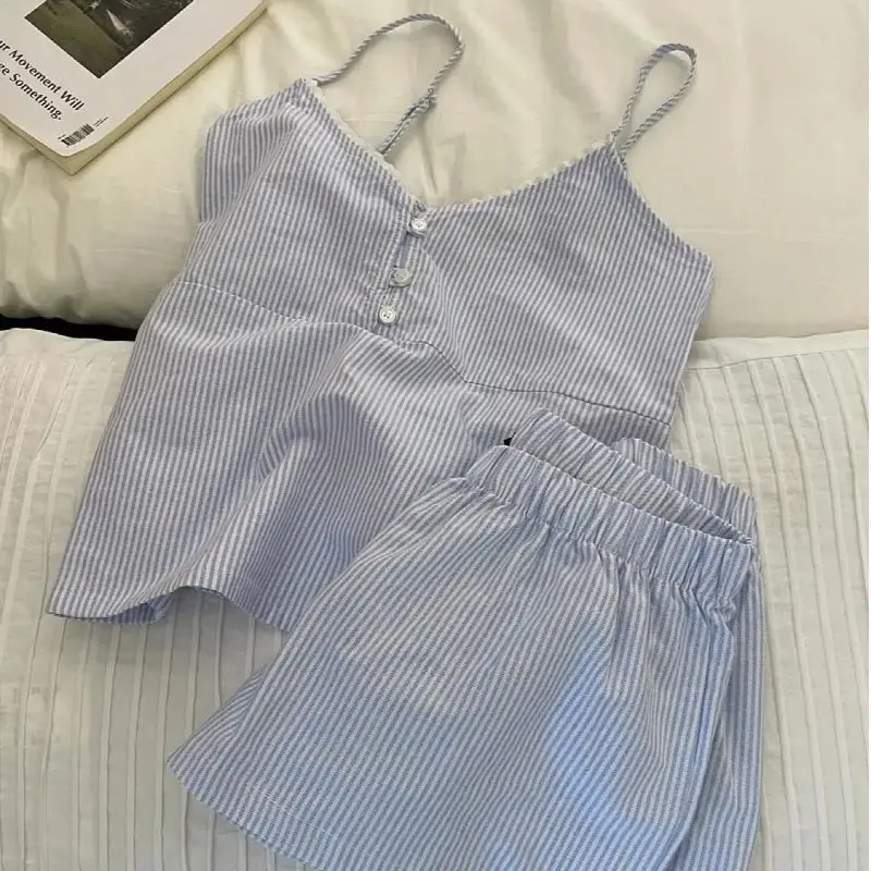 New Women's Summer Outfit: Strappy Shorts with Chest Padding, Women's Summer Cloud Cotton Sweet Blue Striped Loungewear Set 2