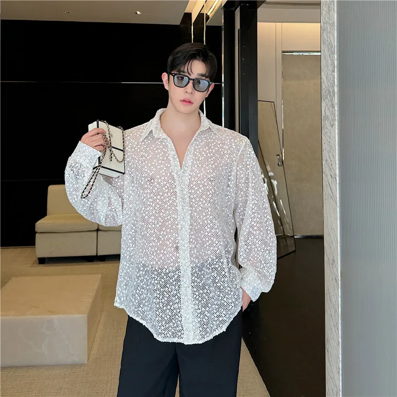 Men's Shirts Luxury Sequins Hollw Out Turn Down Collar Casual Solid Color Long Sleeve Male Tops 2024 Autumn Shirt