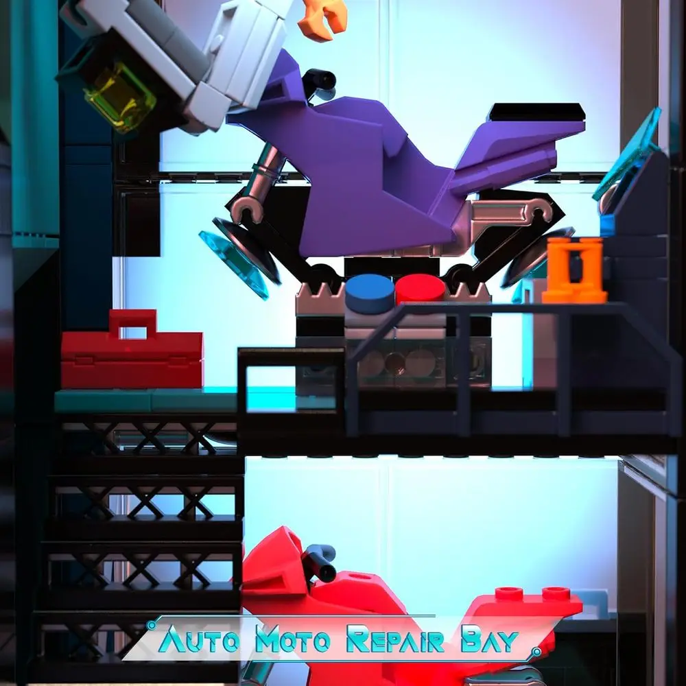 Paisaje urbano futurista Cyberpunk con kit de construcción de garaje de reparación y coche deportivo LED de 2098 piezas para adultos y adolescentes