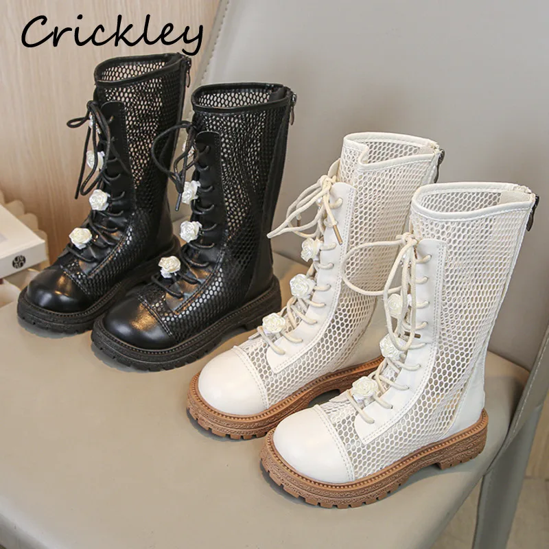 

Summer Mesh Solid Girls Fashion Boots Flowers Princess Children Knee High Shoes Breathable Zipper Anti Slip Kids Boots