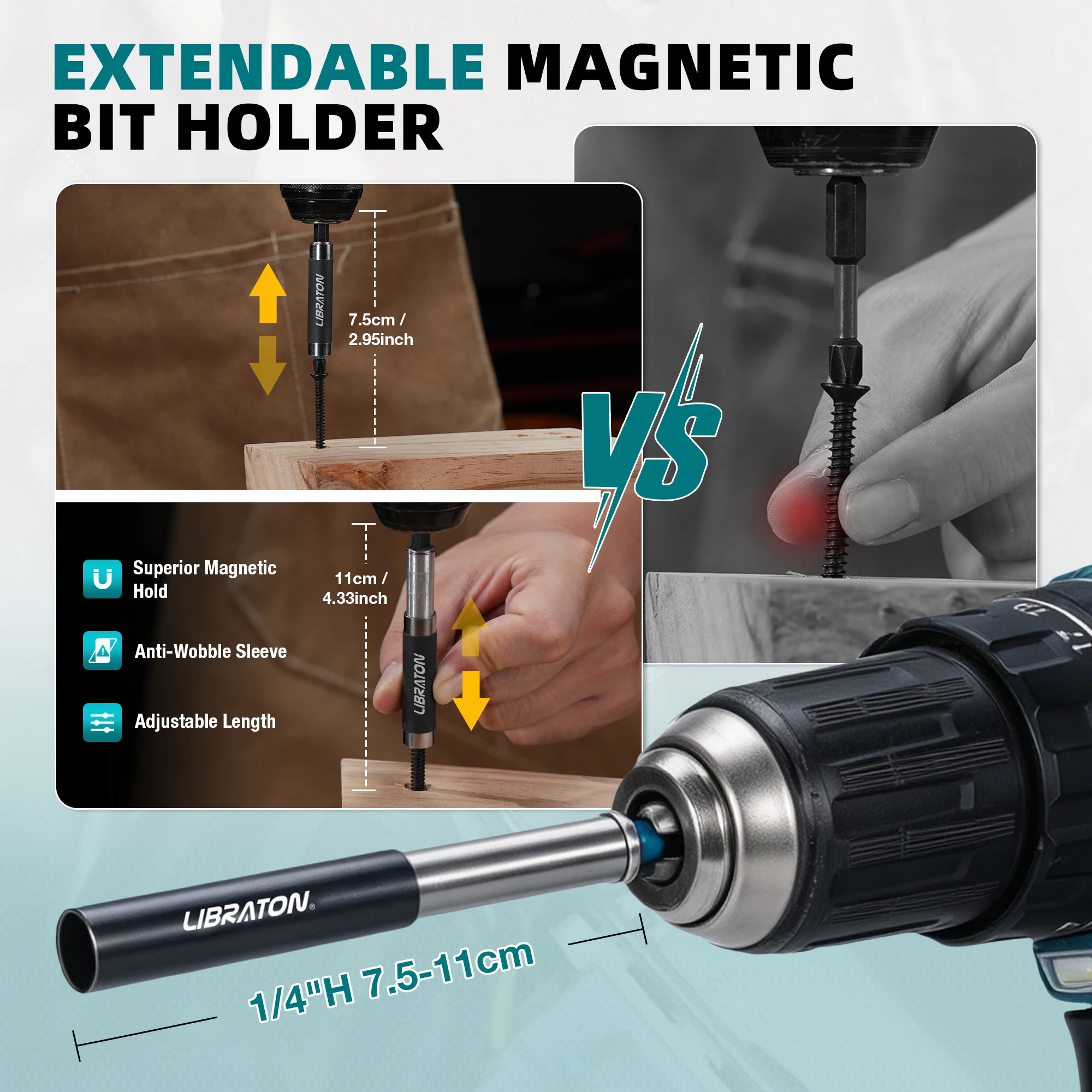 LIBRATON Schlagschraubersatz 17-teilig mit Dreh- und Winkeladaptern 1/4", 3/8", 1/2" Vierkantantrieb für Reparaturen – Detail 7