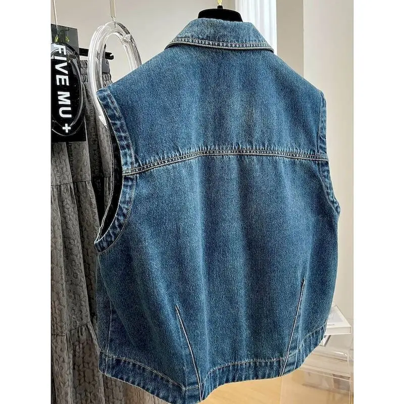 Denim Vest  for Women Polo-neck Waistcoats Aesthetic Casual Cardigans Korean Style Oversized Sleeveless Coats Women Clothing