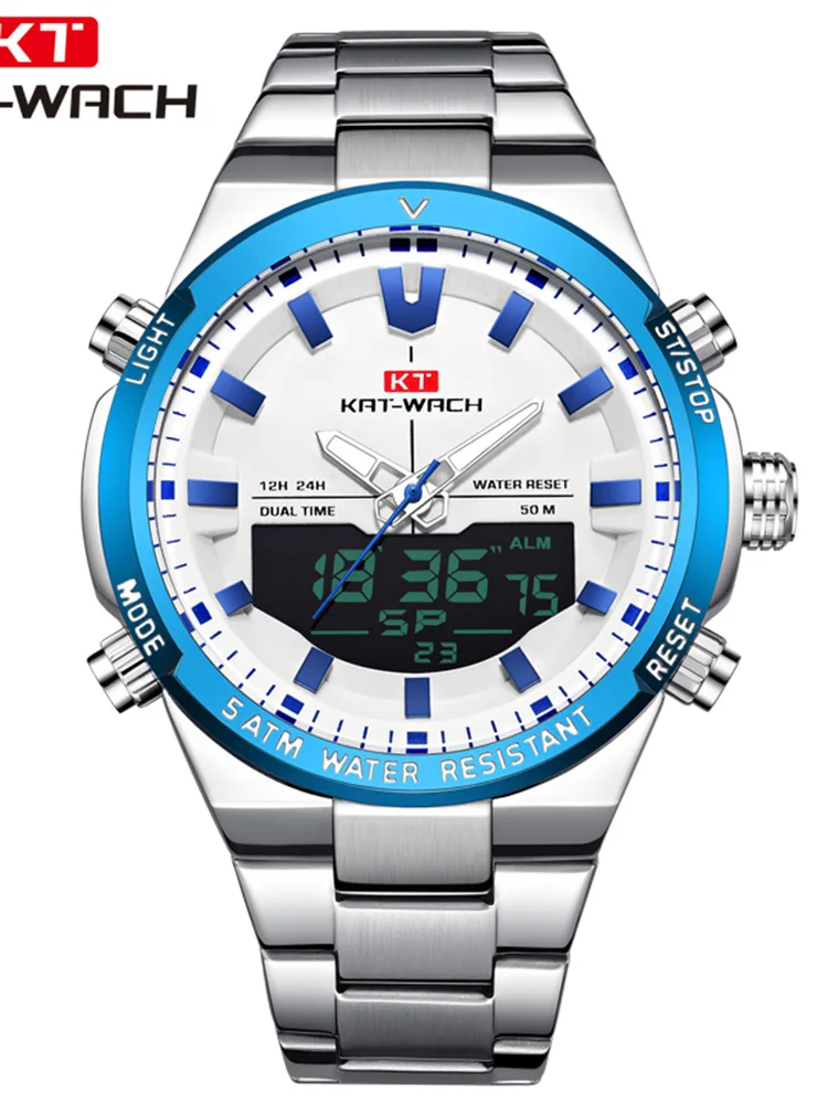 KAT-WACH Luxury Men Quartz Watch, Dual Display Chronograph 30M Waterproof Steel Strap Gift Wristwatch