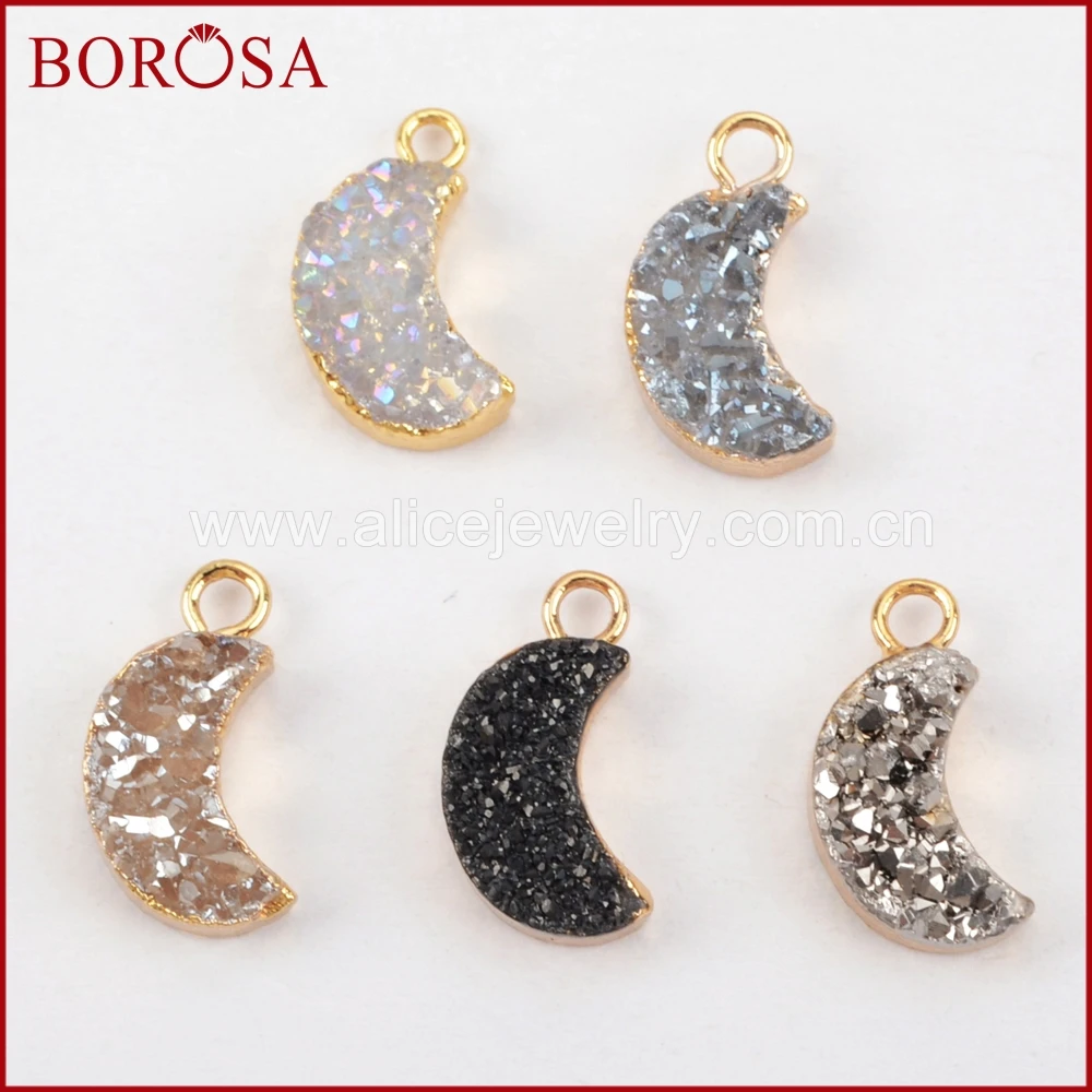 Fashion Moon Shape Rainbow Titanium Natural Agate Druzy Charms Agate Drusy Beads for Necklace/Earrings Jewelry Making