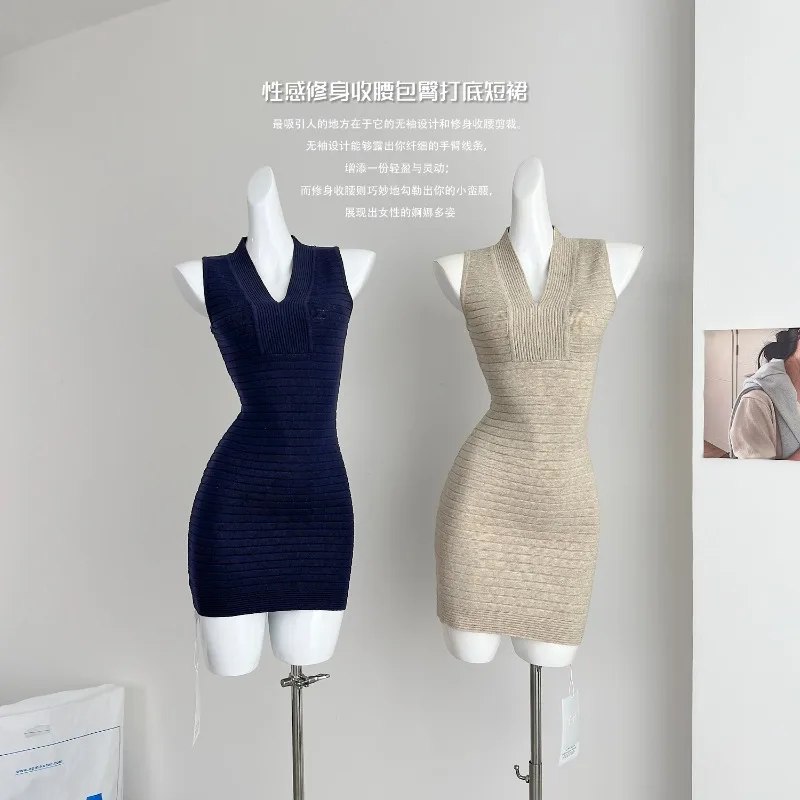 

Pure Sexy Sleeveless V-neck Knitted Dress Women's Summer Slim Fit Wrap Hip Short Dress Fashion Female Clothes
