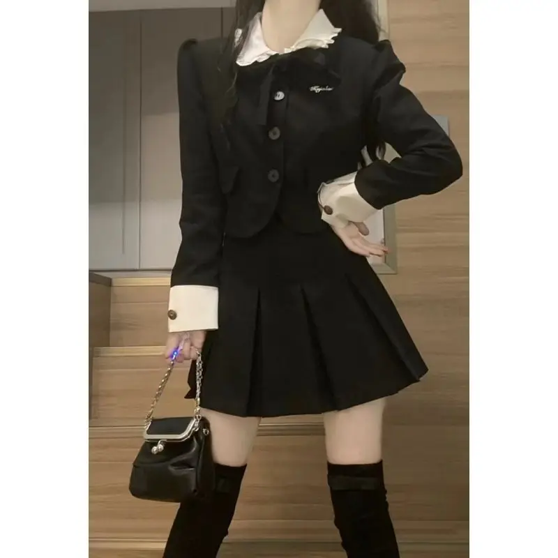 2023 Autumn Elegant Black Blazers Suit Korean Fashion 2 Piece Skirt Set Woman Casual Y2k Crop Tops Coat + Slim Mini Skirt Chic