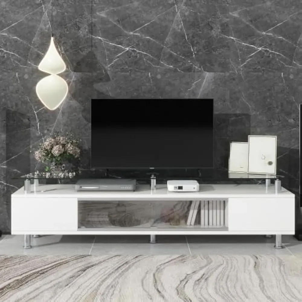 

FridayParts Sleek Design Stand with Silver Metal Legs 70", Tempered TV Cabinet with Ample Storage Capacity, White