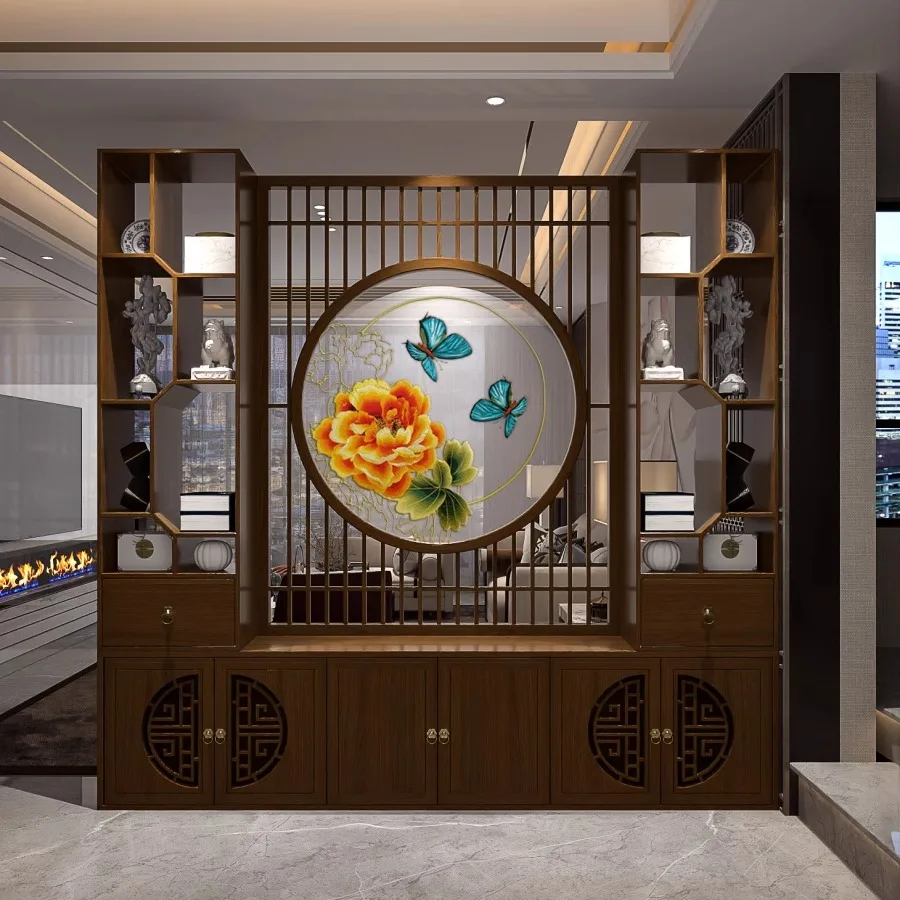 

New Chinese-style living room screen partition 2024 new cabinet solid wood entrance porch shielding can be customized carved sea