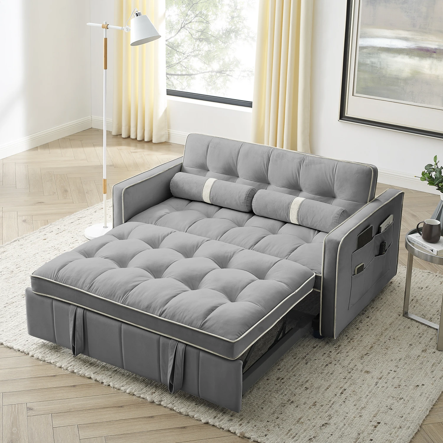 

Modern 55.5" Pull Out Sleep Sofa Bed 2 Seater Loveseats Sofa Couch with side pockets, Adjsutable Backrest and Lumbar Pillows for