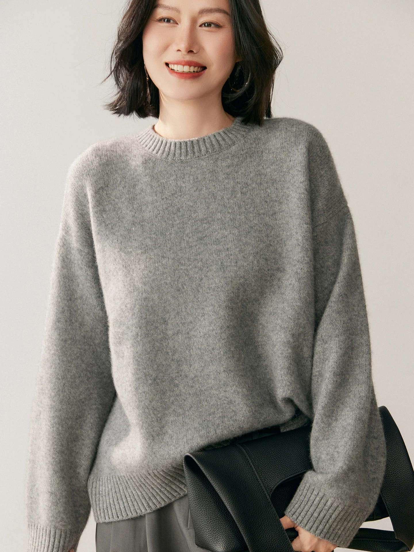 TLOML Jesienno-Zimowy Sweter Damski 100% Kaszmir Okrągły Dekolt Długi Rękaw Jednolity Kolor Miękki Ciepły Sweter z Kaszmiru Luźny Gruby Top