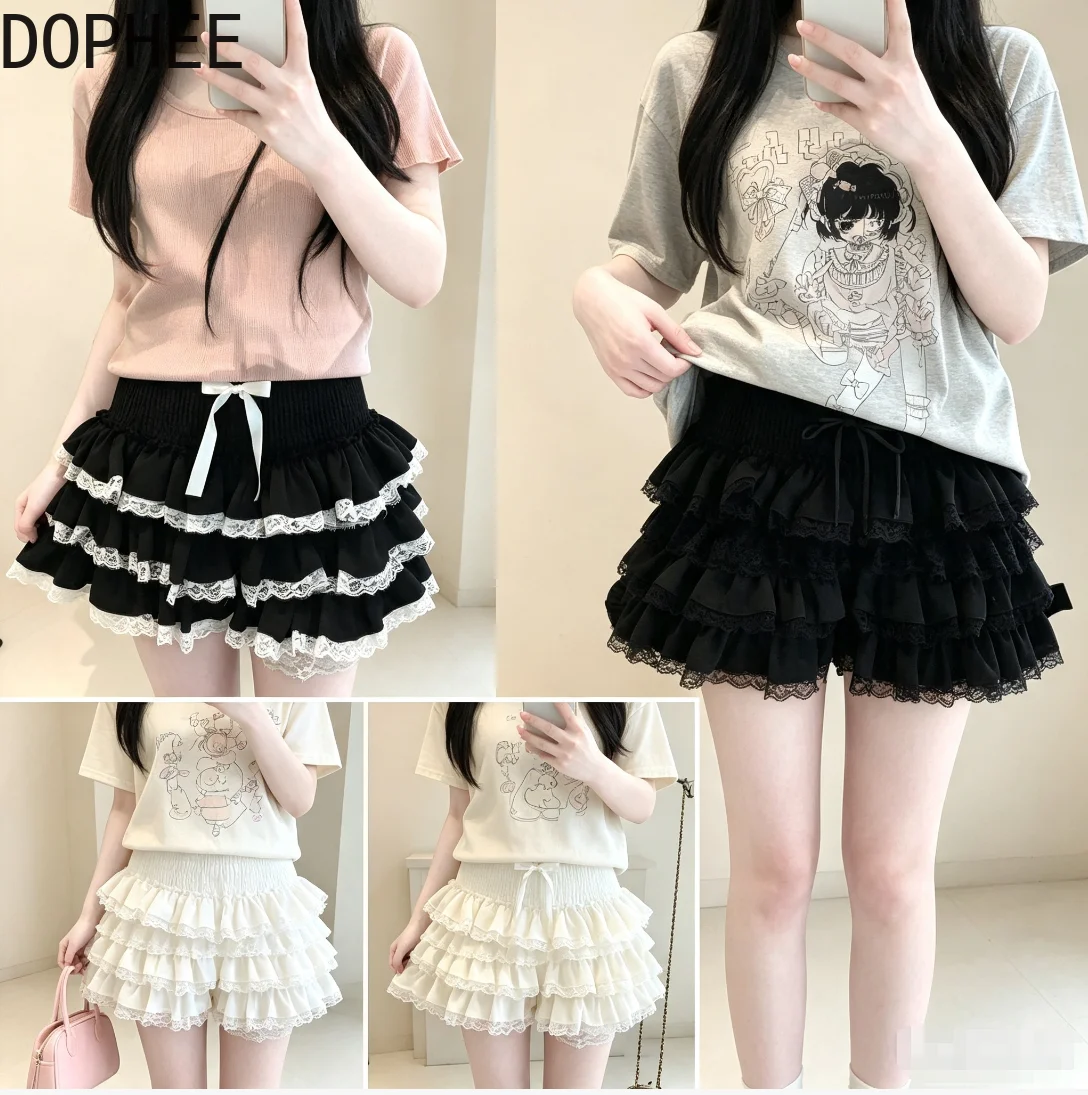 Japanese Wind Subculture Cute Bow Elastic High Waist Straight Pants Sweet Girls Elegant Lace Ruffles Princess Cake Shorts Skirts