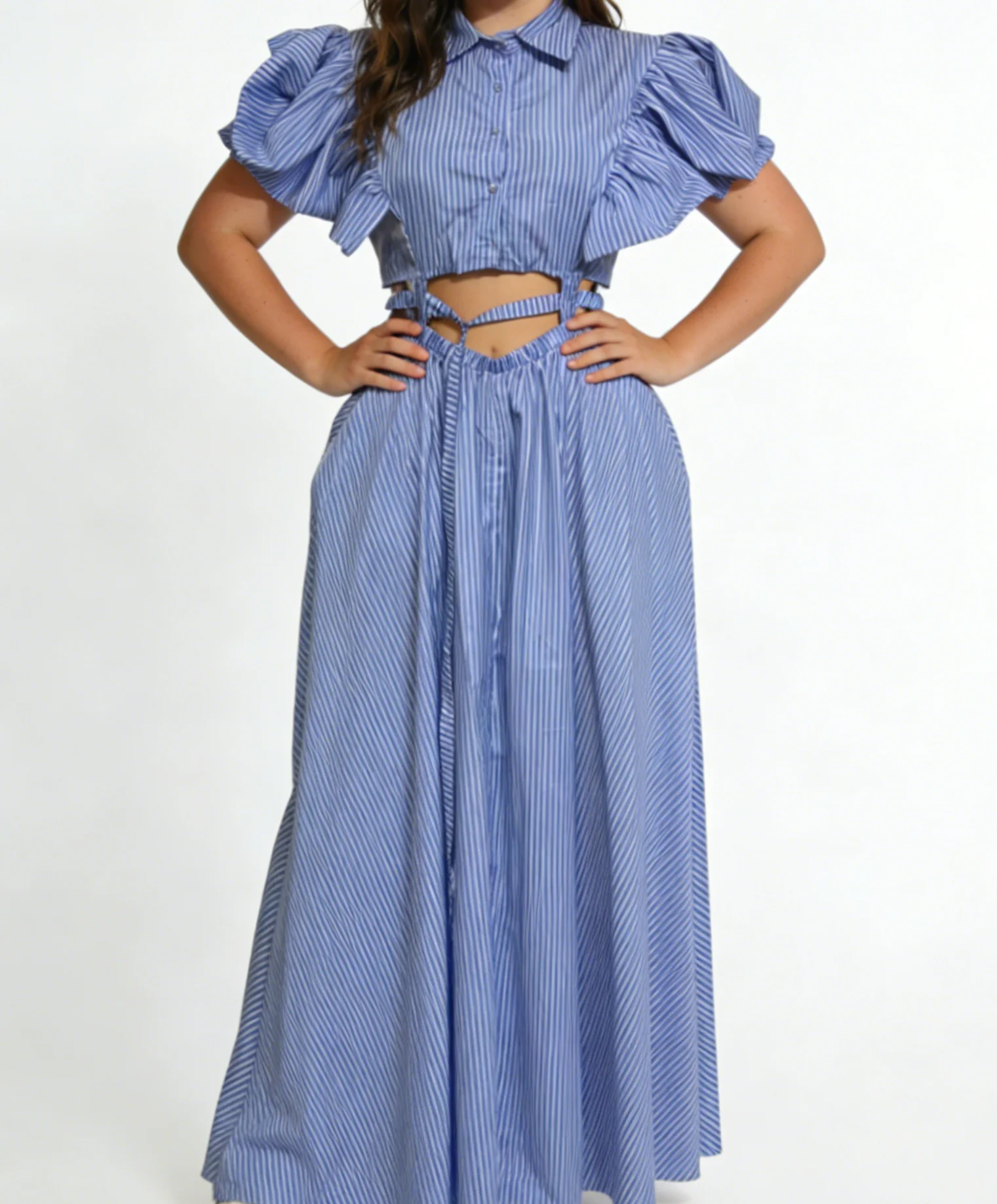 

Fashionable striped short-sleeved loose-fitting dress, plus-size African style, two-piece.-GZXX650