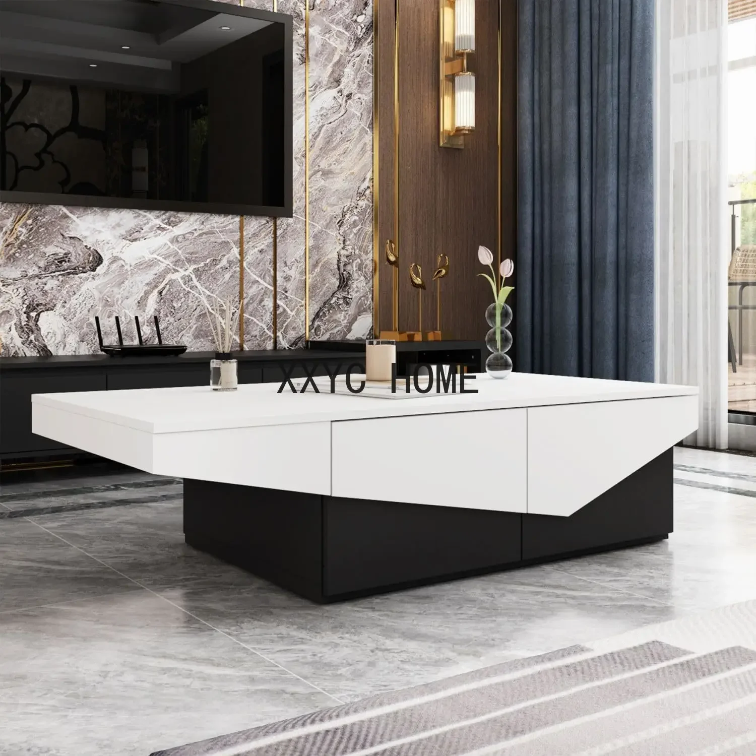 

Современный журнальный столик с 4 ящиками, центральный стол для гостиной с местом для хранения вещей, белое и черное дерево