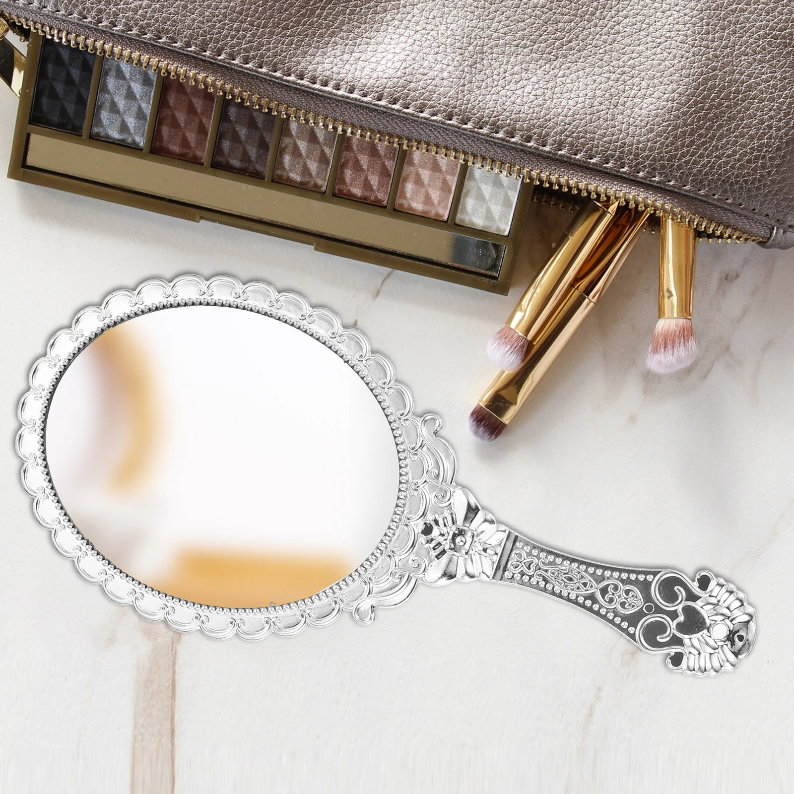 مرآة محمولة للسفر، مرآة مكياج مستديرة، تصميم أنيق عتيق، مقبض مقاوم للانزلاق، للاستخدام اليومي للنساء، أنيق #2