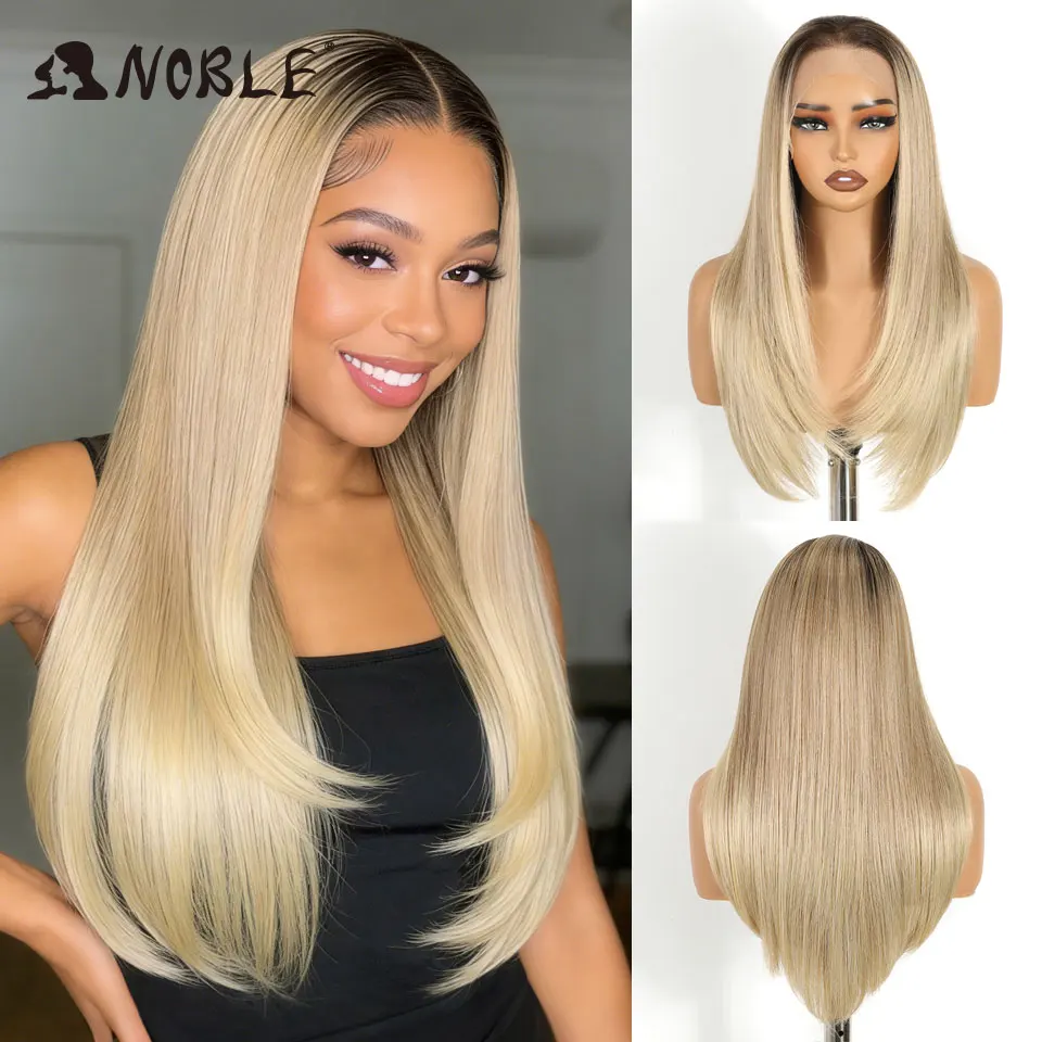 

Синтетический парик Noble 24 дюйма, 13x6, с кружевной передней частью, омбре от черного до платинового блонда, прямой, термостойкий, без клея, для женщин