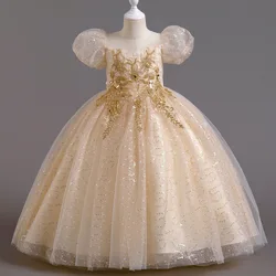 Youth Girls Summer New Sequin Sticker Bubble Sleeve Long Mesh Fluffy Skirt Piano Competition School Graduation Ceremony Dress