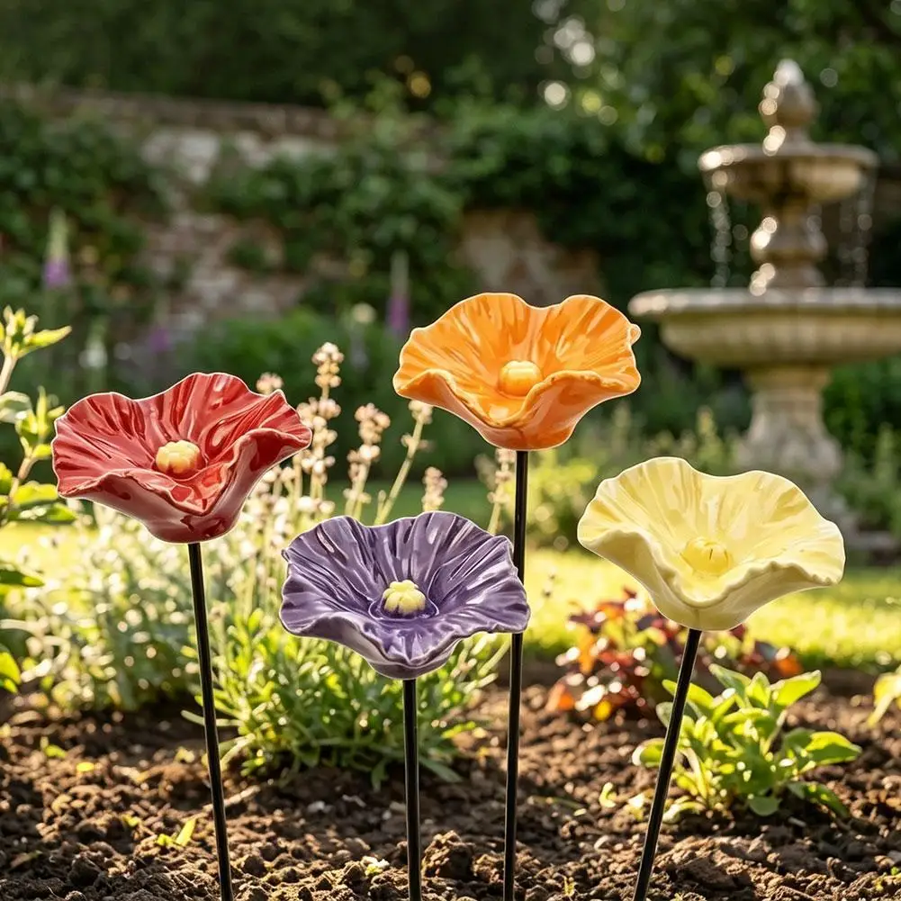 Portable Bee Water Feeder Resin Flower Shaped Garden Water Feeder Stake Outdoor Ceramic Bee Waterer Pollinator Drinking Station