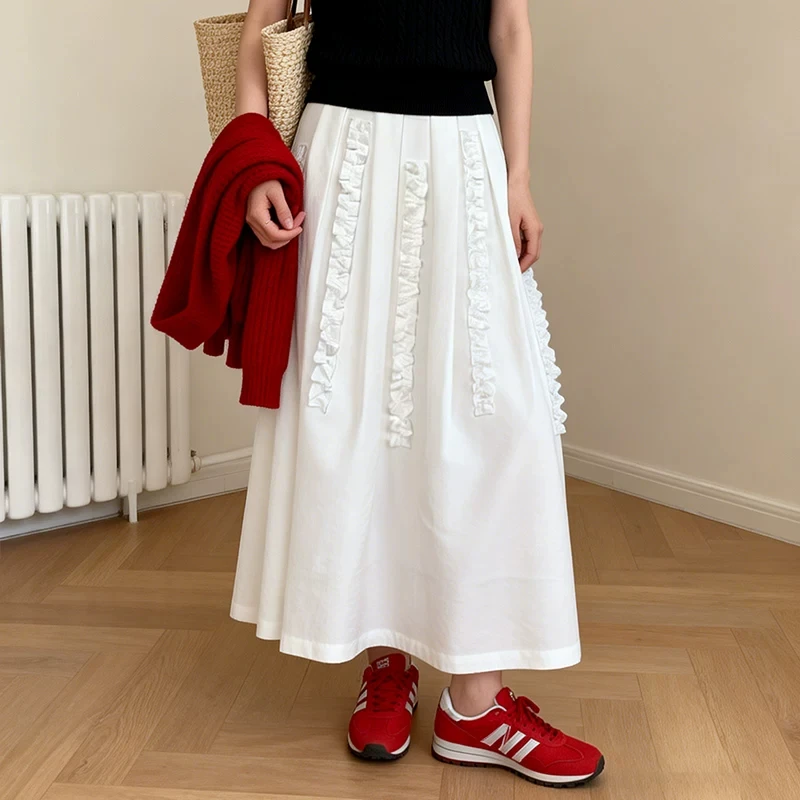 Women's High Waist A-Line Midi Skirt White Ruffle Trim with Pockets Elegant Feminine French Vintage Cotton-Linen Blend Skirt