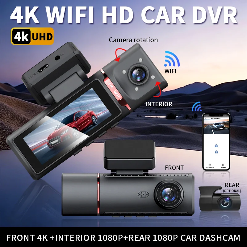 3 Channel 4K Car DVR Dash Cam WiFi Enabled with Night Vision WDR G-Sensor 170° Wide Angle Front & Inside & Rear Cameras