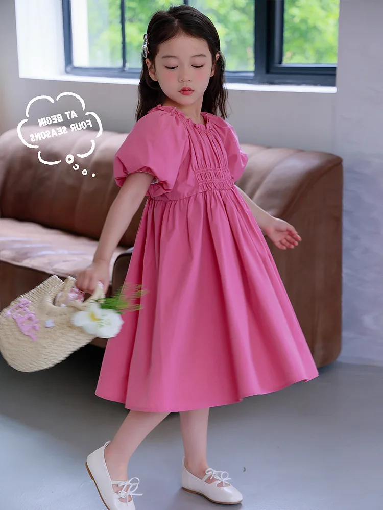 Robe d'été et de printemps pour filles, tenue de princesse à manches bulles, jupe rose unie pour enfants, nouvelle collection 2024