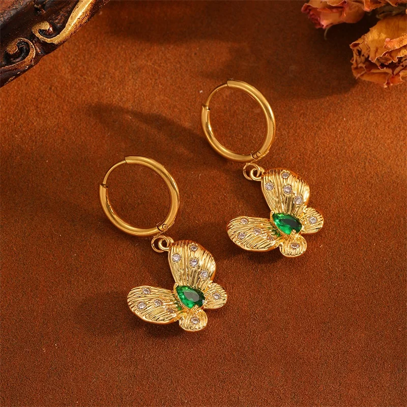 EILIECK 316L Edelstahl Grüner Schmetterling Zirkon Anhänger Halskette Ohrringe Set für Frauen Trendiges Geschenk Luxuriöser Wasserdichter Schmuck – Detail 11
