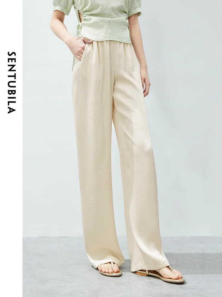 

SENTUBILA Texture Folds Casual Pants for Women 2024 Summer Elegant Straight Wide Leg Elastic Waist Female Trousers 142K54454