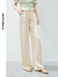 SENTUBILA Texture Folds Casual Pants for Women 2024 Summer Elegant Straight Wide Leg Elastic Waist Female Trousers 142K54454