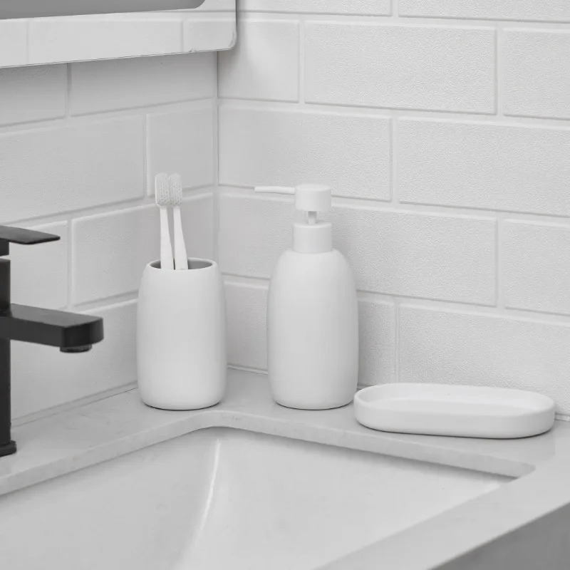 

newSoap Pump Dispenser, Tumbler, and Accessory Tray (2 pack) Ceramic Stoneware Bath Accessories 3-Piece Set, White