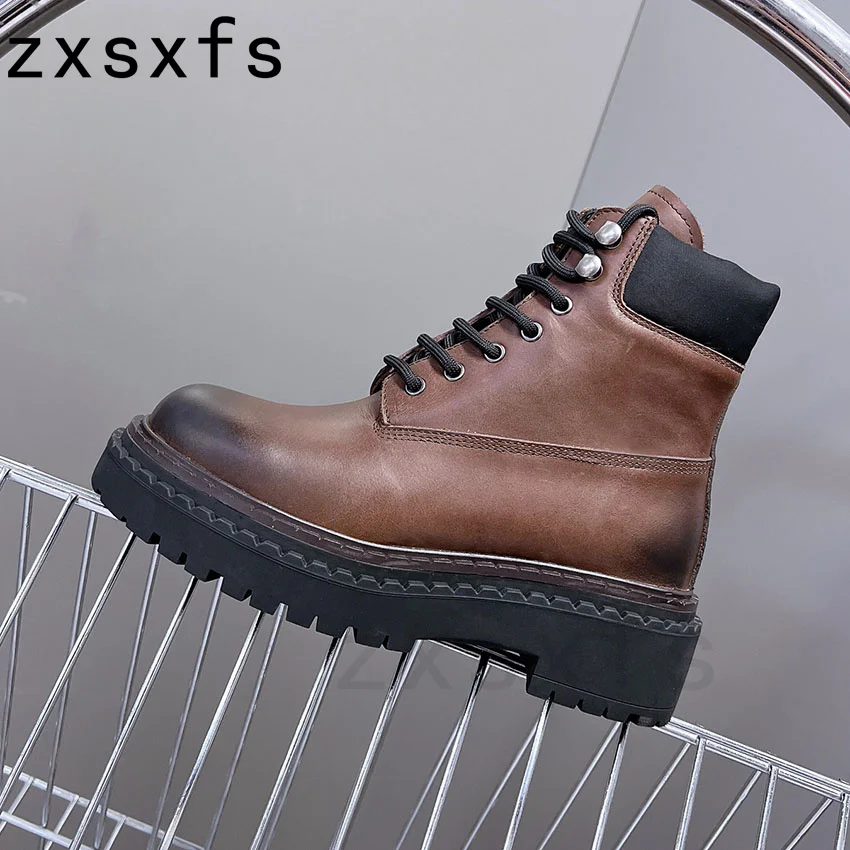 

Real Leather Thick Sole Motorcycle Boots Woman Round Toe Lace Up Winter Shoes Woman Flat Platform Ankle Chelsea Boots For Women