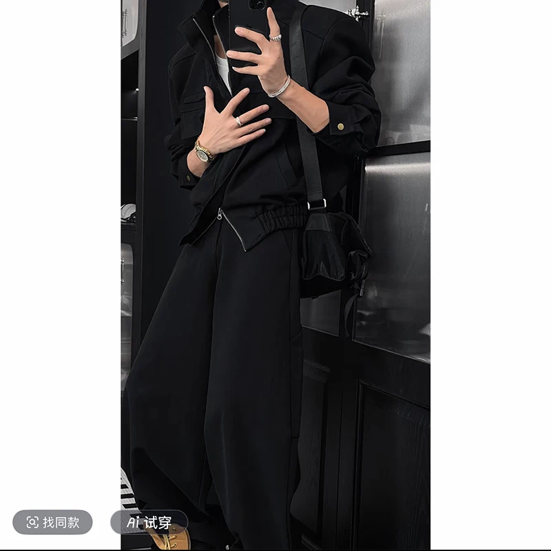 Giacca corta unisex con colletto alla coreana Pantaloni larghi a gamba larga Set Autunno Inverno Nuovo streetwear casual alla moda Moda urbana oversize