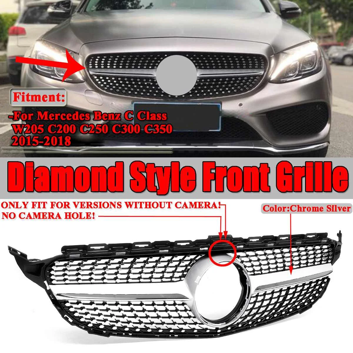 New Diamond Style Car Front Grill Front Bumper Grill Grille For Mercedes For Benz C Class W205 C200 C250 C300 C350 2015-2018