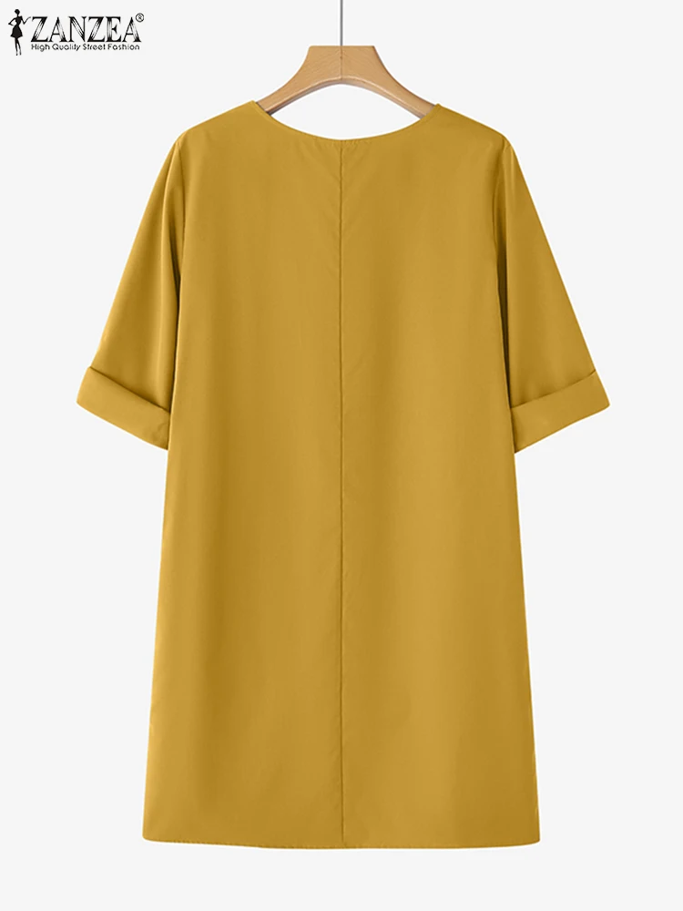 ZANZEA automne femmes robe 2025 mode demi manches col rond chemise décontractée robes poches ample solide genou longueur fête robe d'été
