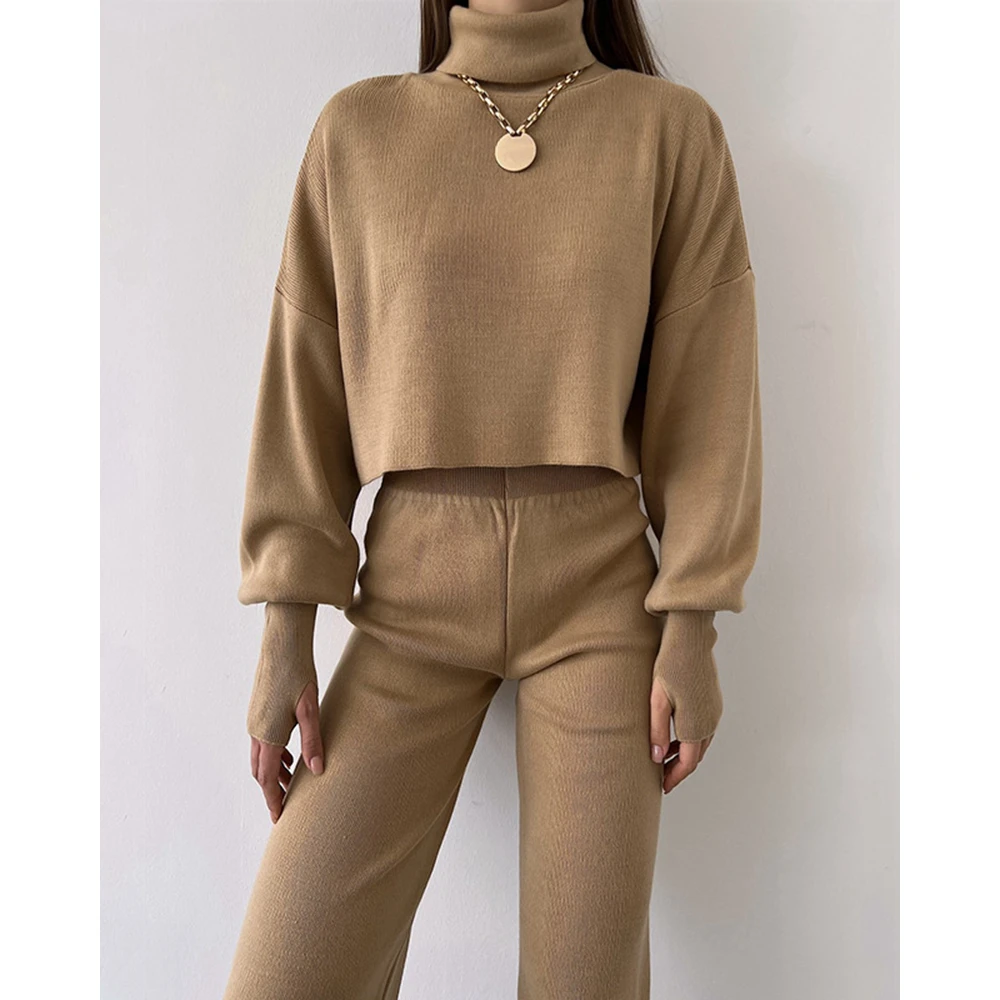 Casual Autumn High Neck Knitted Ribbed Top & High Waist Pants Set For Women Winter Two Pieces Sets Elegant Sweater Outfits 2023