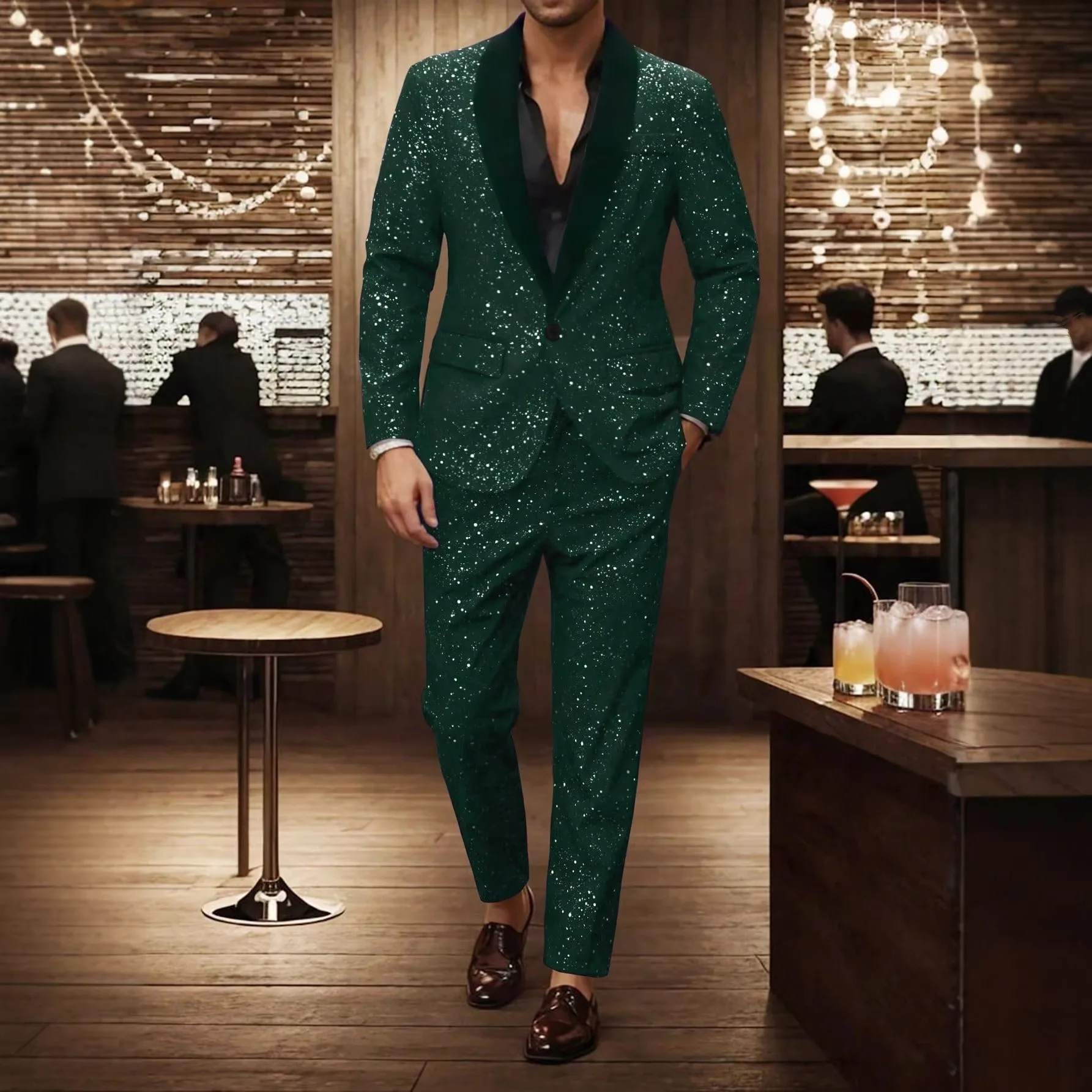 

Mens 2 Piece Sequin Suit Regular Fit Elegant Banquet Wear Button Formal Party Outfits Set for Men