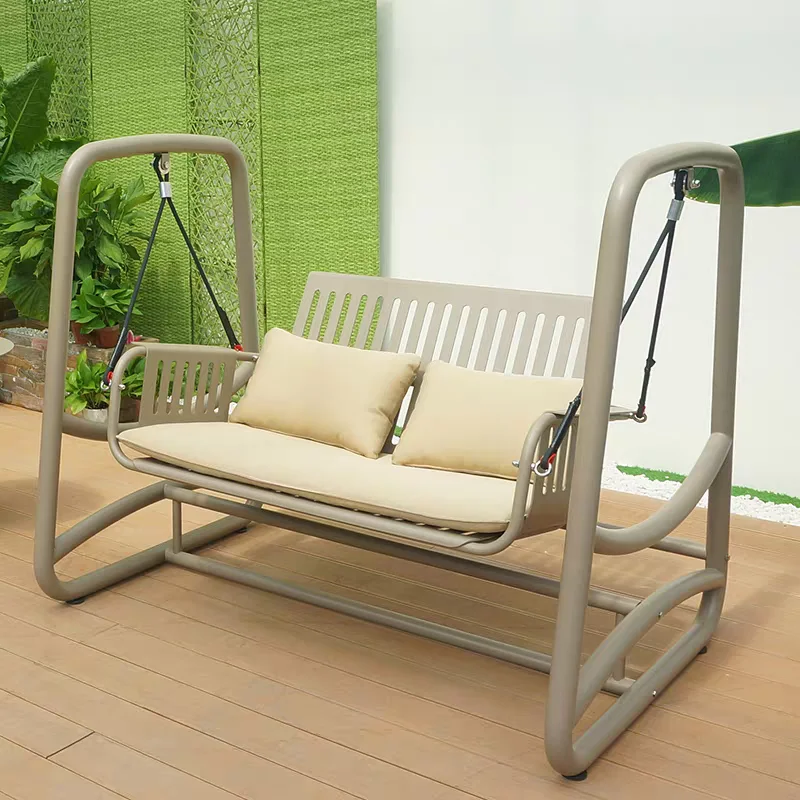 2-Seater white metal outdoor swing chair, orange upholstered patio hanging chair, suitable for garden balconies