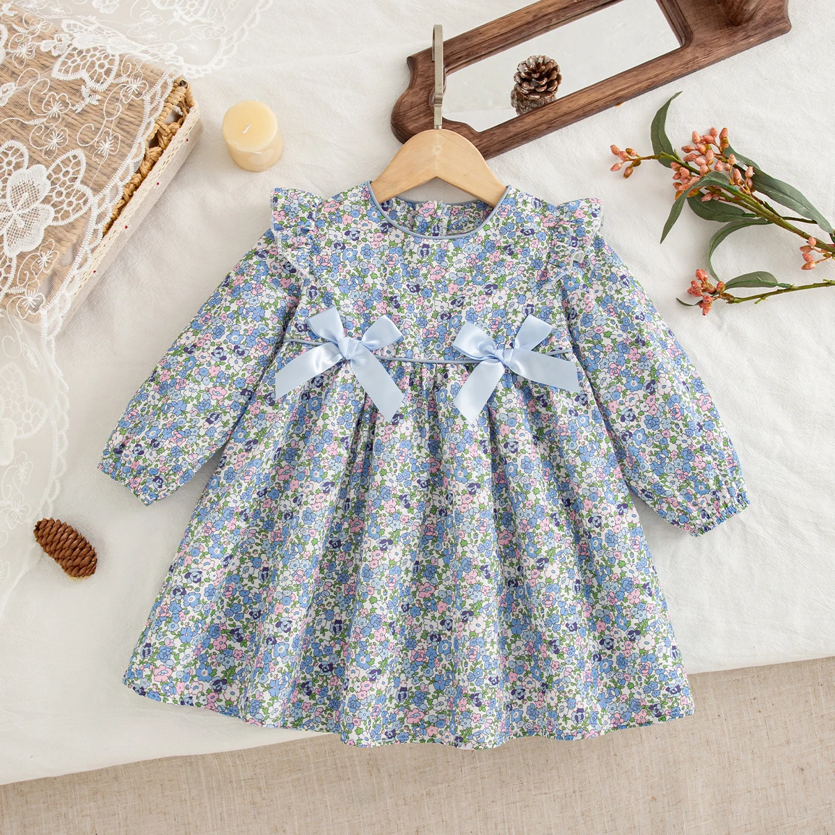 Autumn Fashion Floral Long Sleeved Baby Girl Dress Korean Style Sweet Cute Blue Bow Cotton Comfortable Soft Casual Toddler Dress