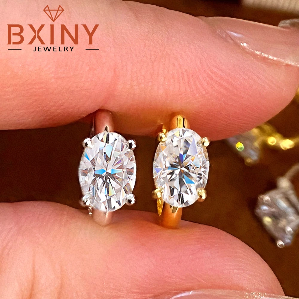 BXINY 1CT Oval Cut Moissanite Hoop Earrings Pure S925 Silver Certified Diamond Ear Buckle for Women Engagement Fine Jewelry Gift