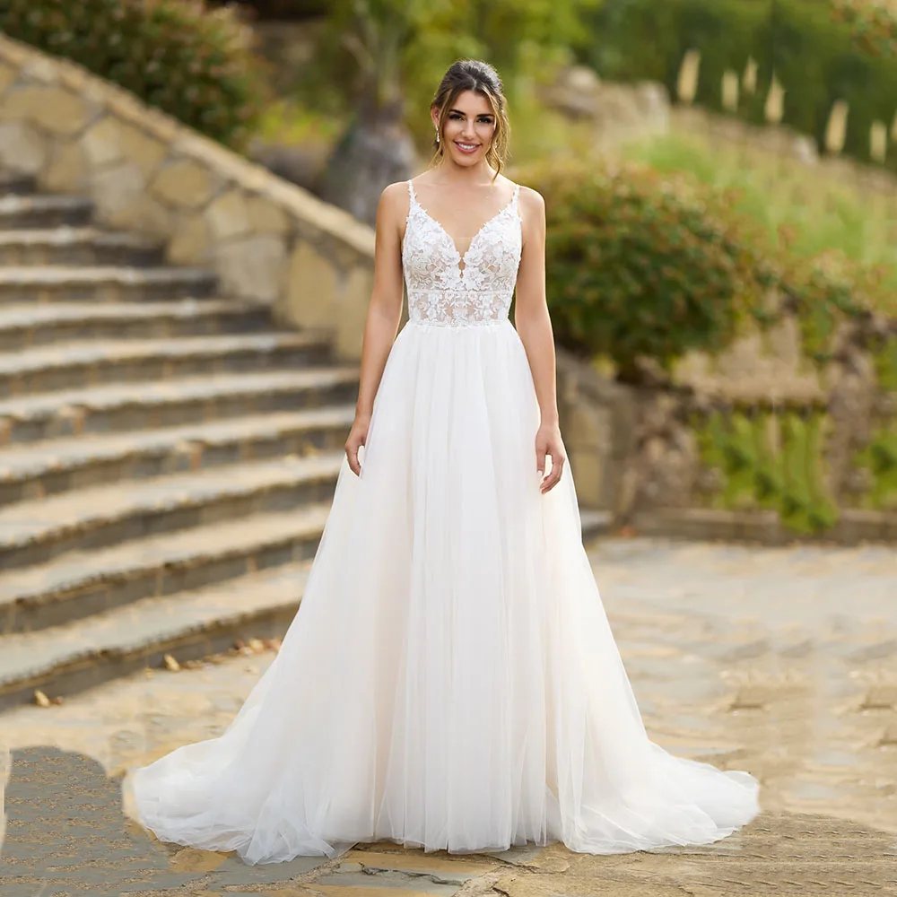 

Luxury Wedding Dresses Lace Appliques Tulle Bride Dresses Women 2025 Backless A-Line Princess Boho Bridal Dresses Customized