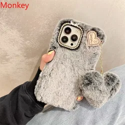 Luxury Diamond Funny Fluffy Heart Phone Case For iPhone 16 Pro Max 15 14 13 Mini 12 X XR XS Cute Warm Winter Soft Silicone Cover