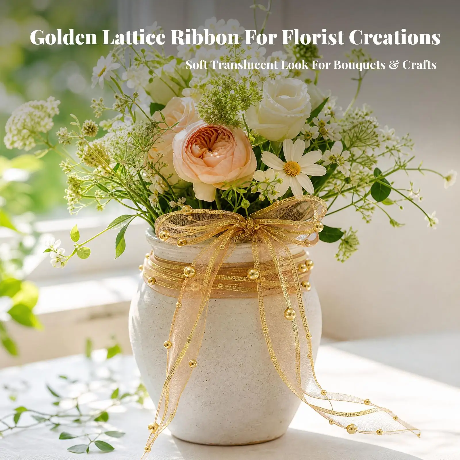 Beaded Trim Pliable Decorative Ribbon with Pearl Chain 10m Polyester Ribbon Roll Cuttable for Crafters, Gift Wrapping