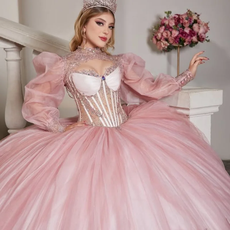 

Customized Pink Quinceanera Dresses Off the Shoulder crystal sequin applique Lace Big Bow Long tail Vestido De 15 Quinceanera