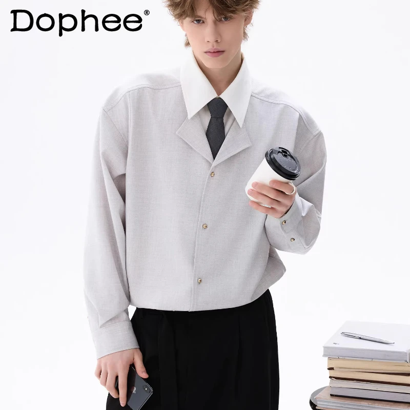 

Men's 2026 Spring New High-end Chic Shirts Trend Faux Two-piece Fashion Long-sleeve Shirts Boys Color Matching Lapel Simple Tops
