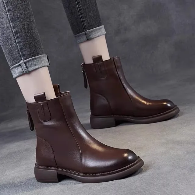 

Brown Genuine Leather Chelsea Boots Women's Short Boots Boots Mid-Calf Boots Shoes round Toe Thick Heel Rubber Sole