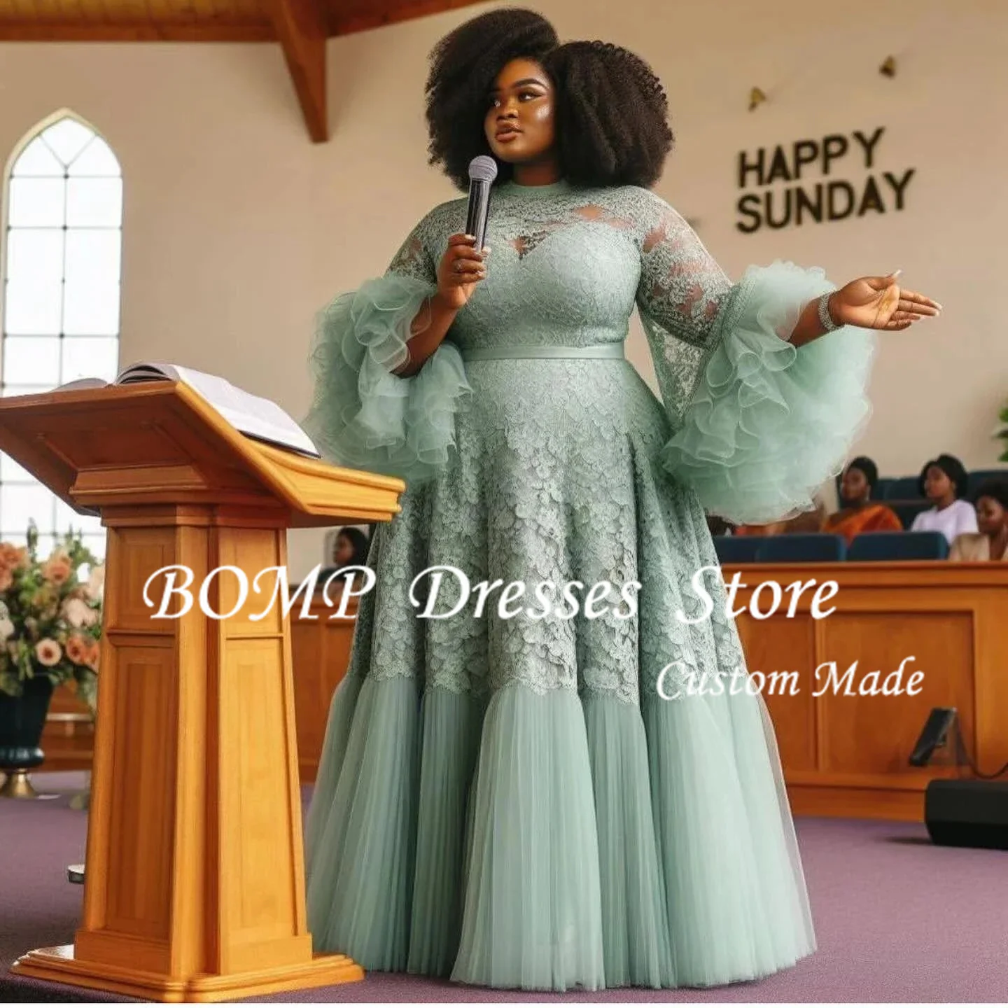 BOMP 2025 Elegant Green Lace Prom Dresses Aso Ebi Style Party Dress Black Girls Layered Customized Plus Size Women Evening Gowns