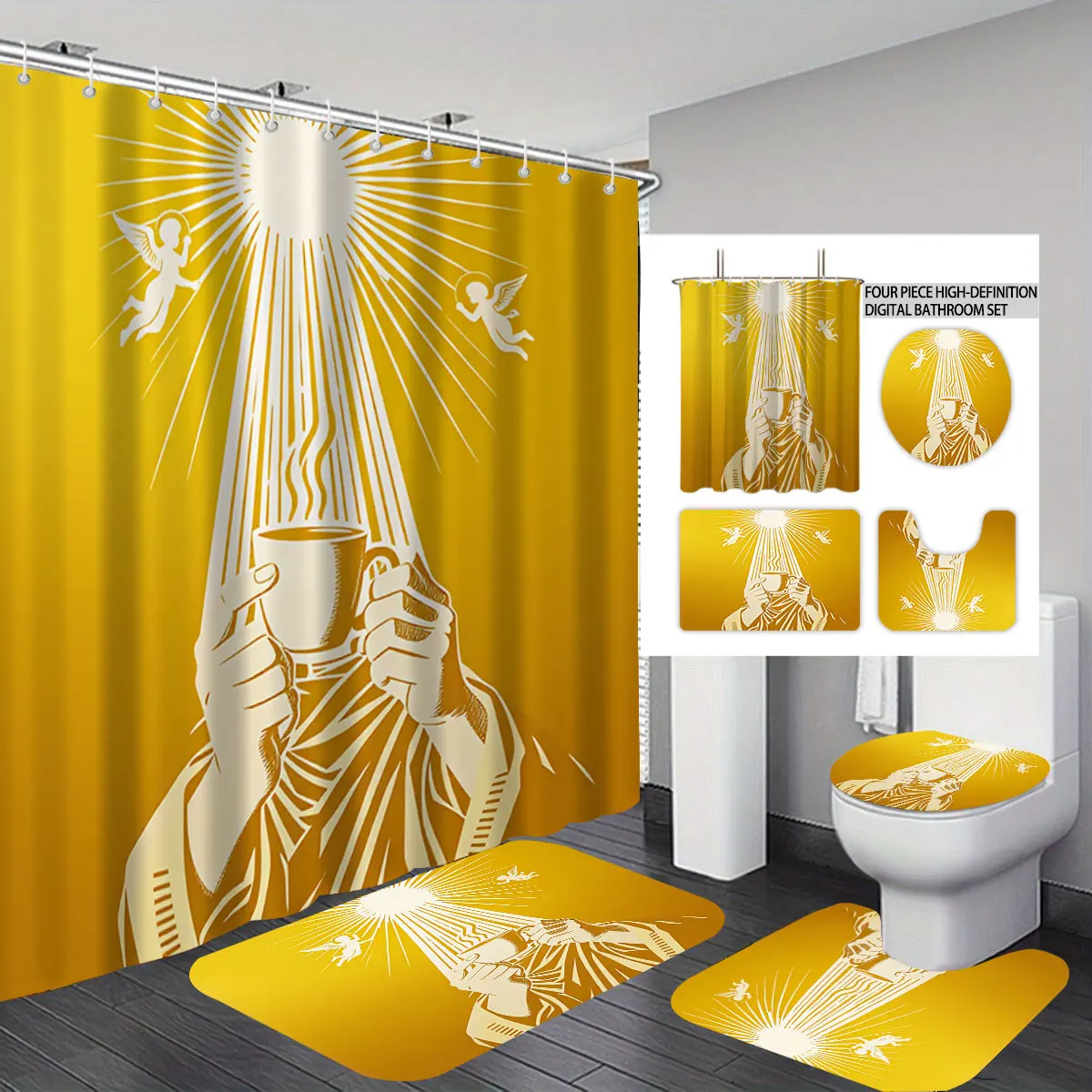 Golden Coffee Cup Angel Print Bathroom 4 Piece Set Luxury Gold Shower Curtain Non-slip Bath Mat Soft Towel Bathroom Decor Set