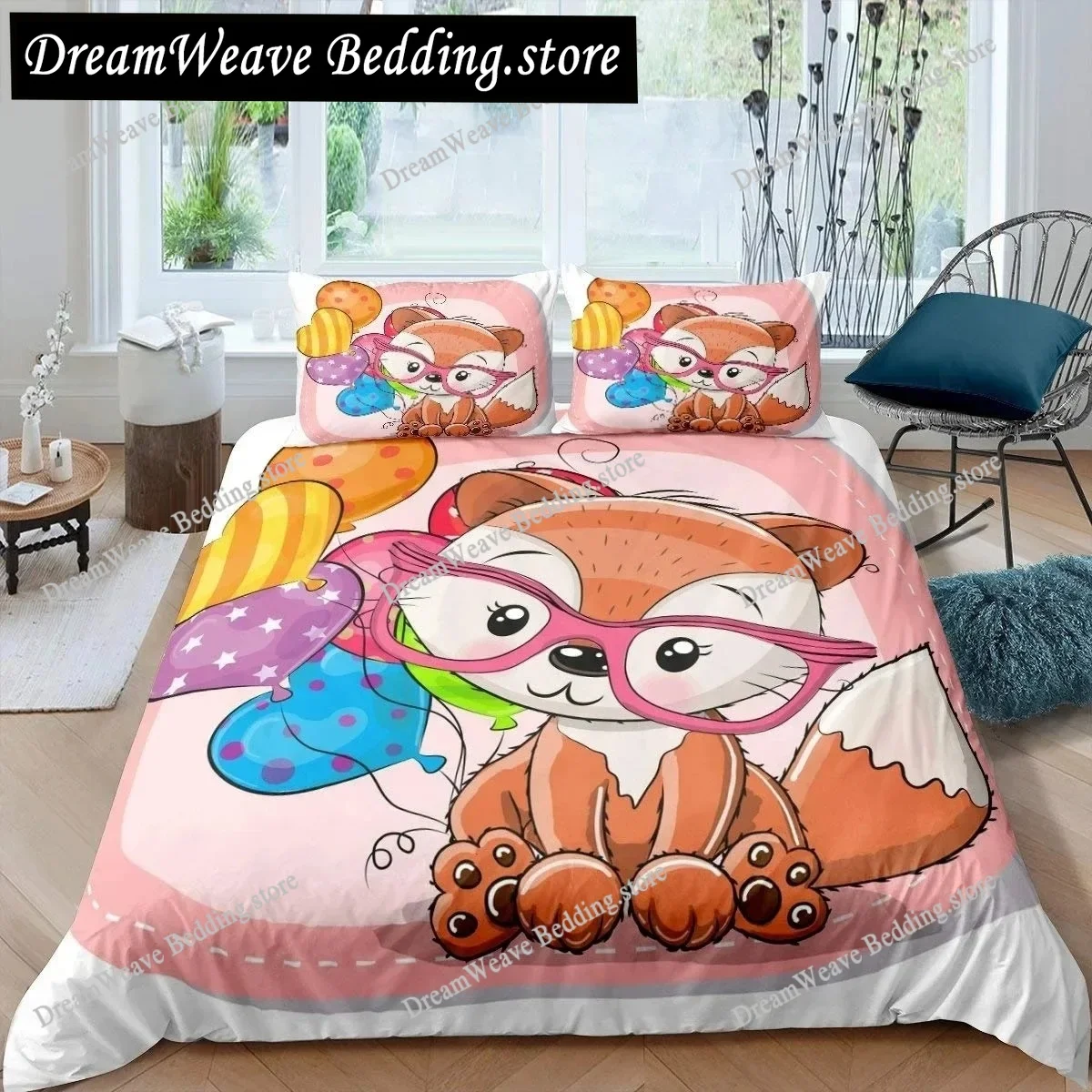 

Fox King Queen Duvet Cover Kawaii Cartoon Fox Family Bedding Set for Kids Cute Orange Wild Animal Polyester Quilt Cover