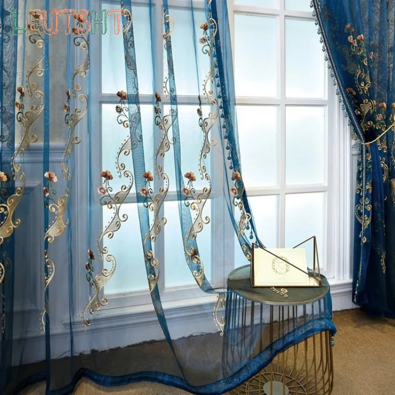 Custom Size Luxury Blue Bright Embroidered Gauze European Style Door Sheer Curtains for Living Dining Room Bedroom Elegant Decor