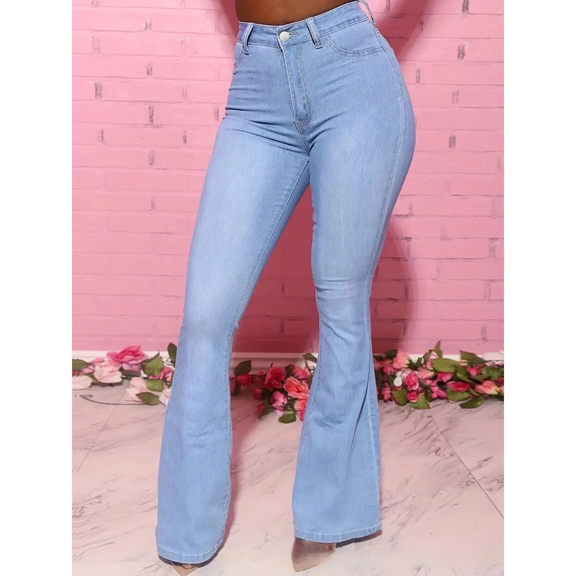 Slim Fit Denim Flared Pants Elastic Waist Casual Style Bottoming Trousers mid Waist Spring 2024 Other Materials 100%